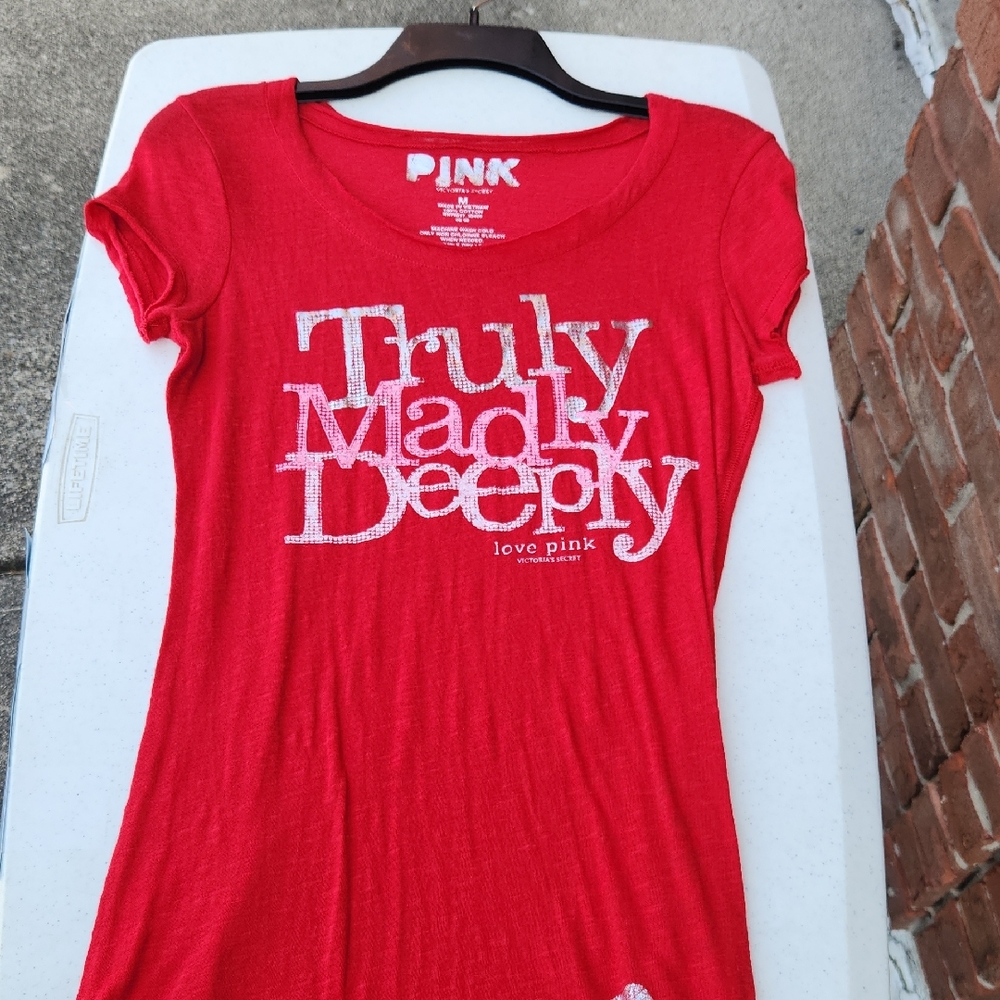 PINK Victoria's Secret Red Tee with White Graphic
